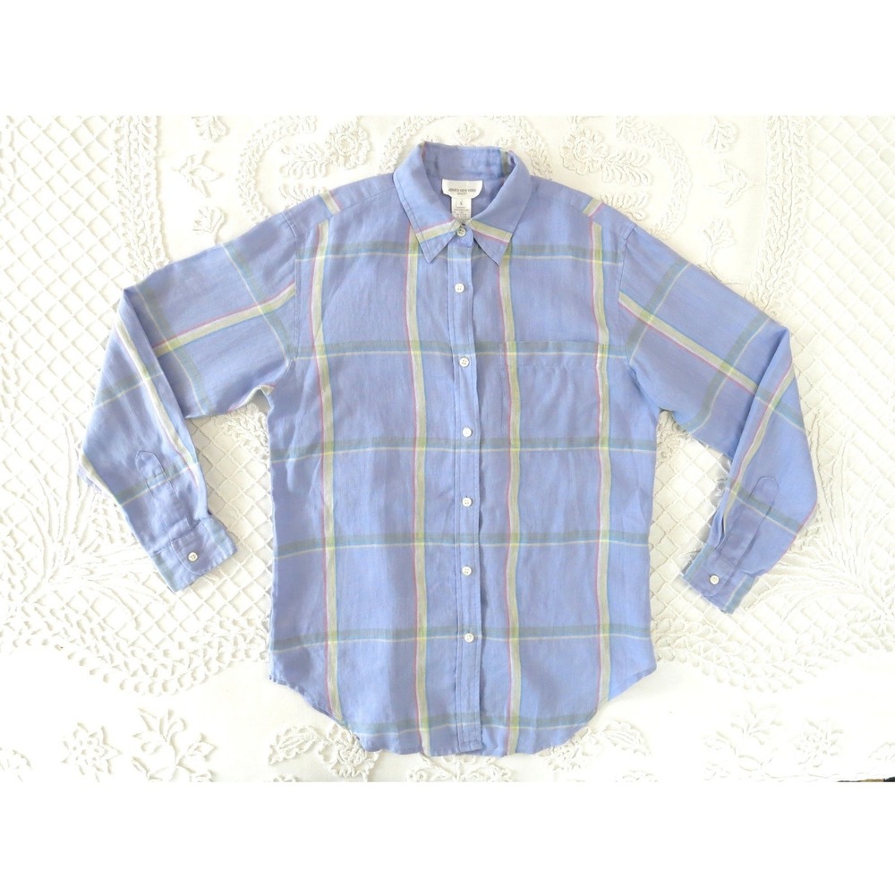 Jones New York Sport Linen Button Down Shirt Blue Plaid Long Sleeve Womens Small